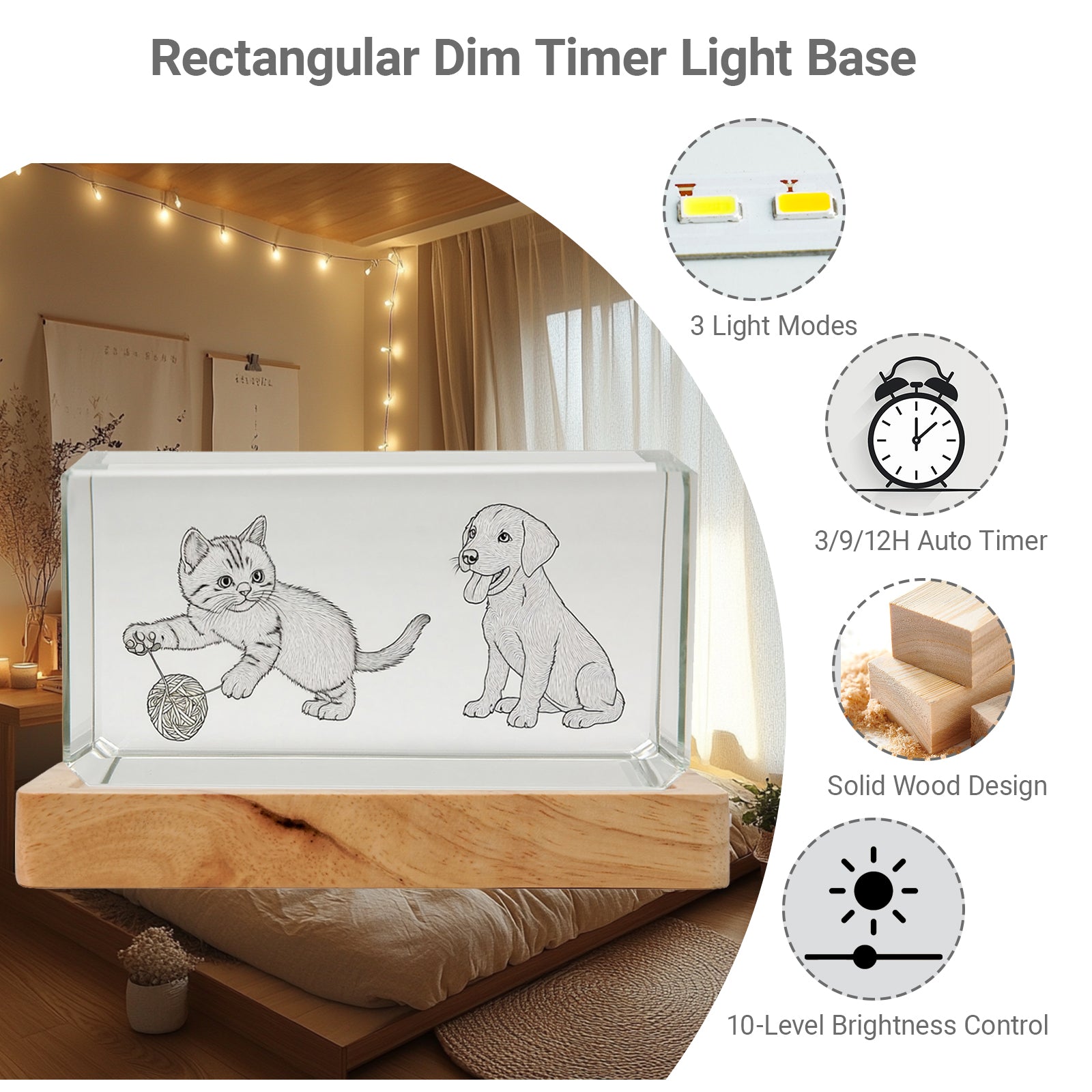 Rectangle Crystal Light Base with Timer & Adjustable Brightness - Oak Wood Display Stand for Glass Art, Crystal 3D Artworks (5.9"x3.3")