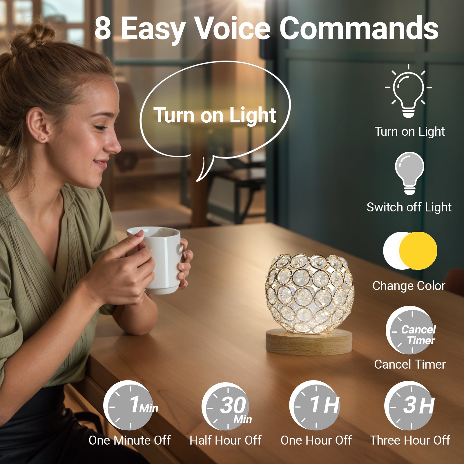 Crystal Table Lamp with 3 Lighting Modes - USB-Powered LED Desk Light,Voice Command Compatible Night Light Fixture for Living Room Bedroom