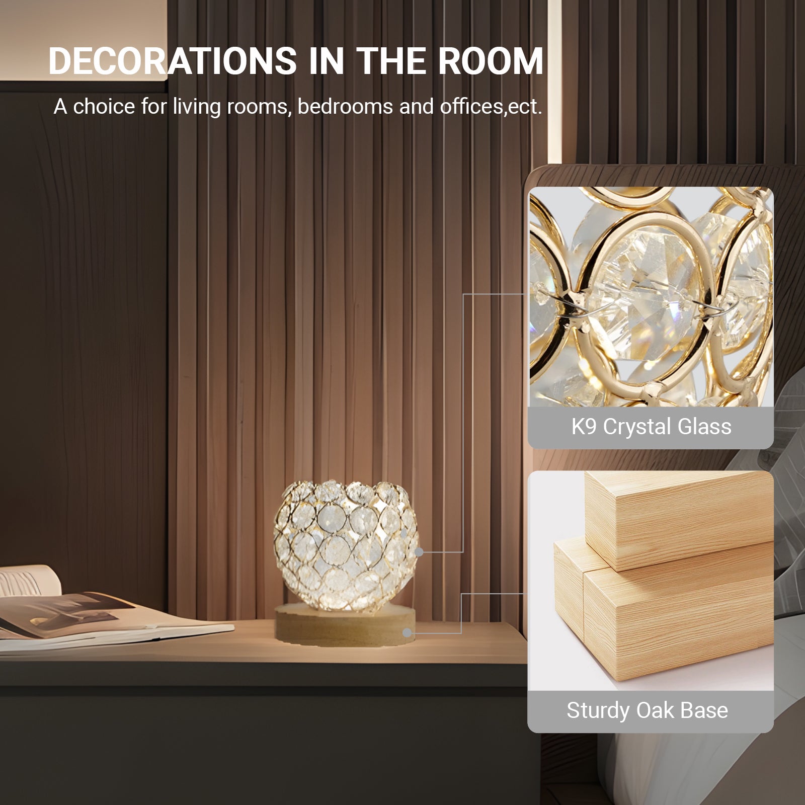 Crystal Table Lamp with 3 Lighting Modes - USB-Powered LED Desk Light,Voice Command Compatible Night Light Fixture for Living Room Bedroom