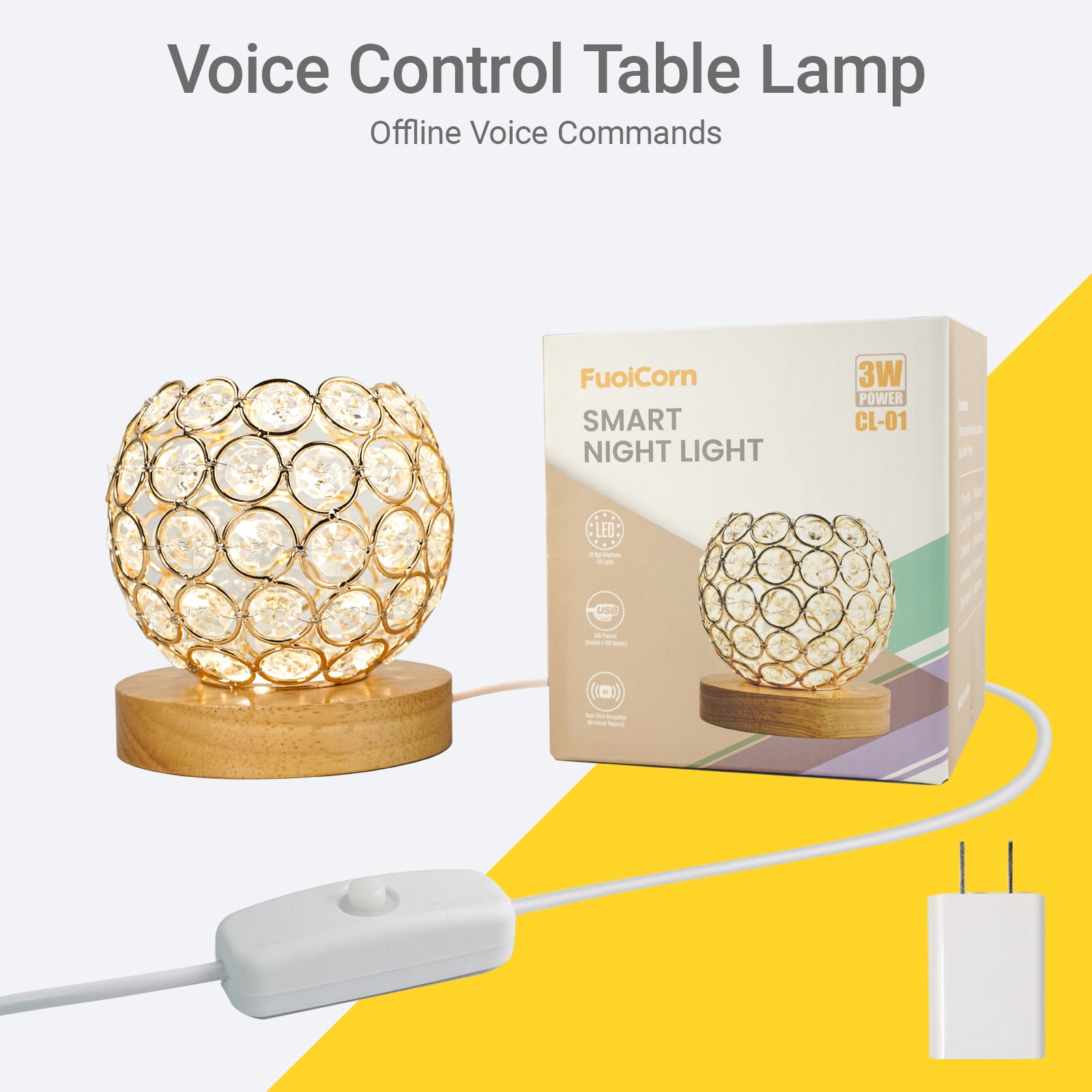 Crystal Table Lamp with 3 Lighting Modes - USB-Powered LED Desk Light,Voice Command Compatible Night Light Fixture for Living Room Bedroom